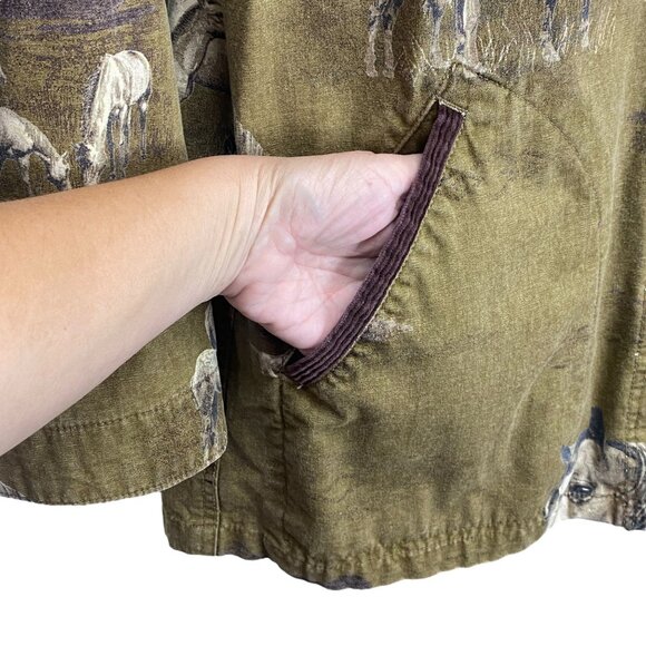 Bit & Bridle Womens L Chore Barn Jacket Brown Horse AOP Corduroy Trim Equestrian - Picture 8 of 16